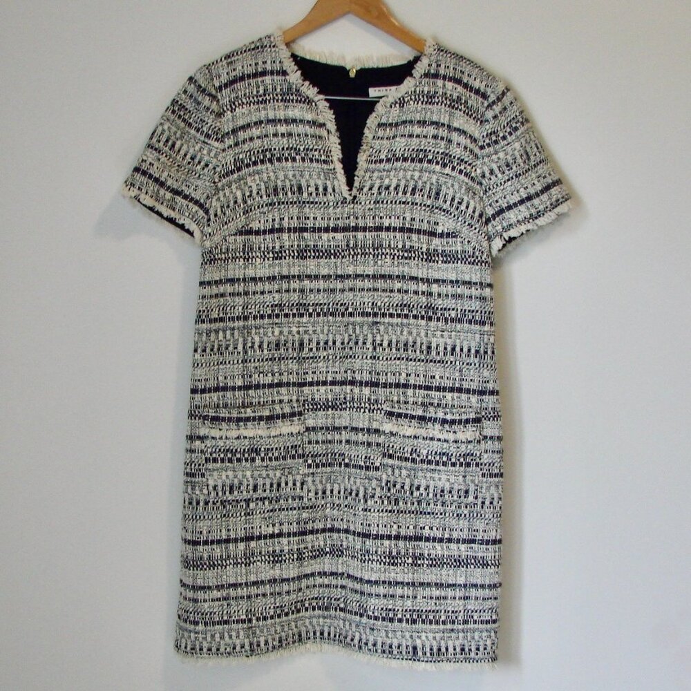 Trina Turk Tweed Dress Navy White Shift V-neck Fringe Work Office Size 8